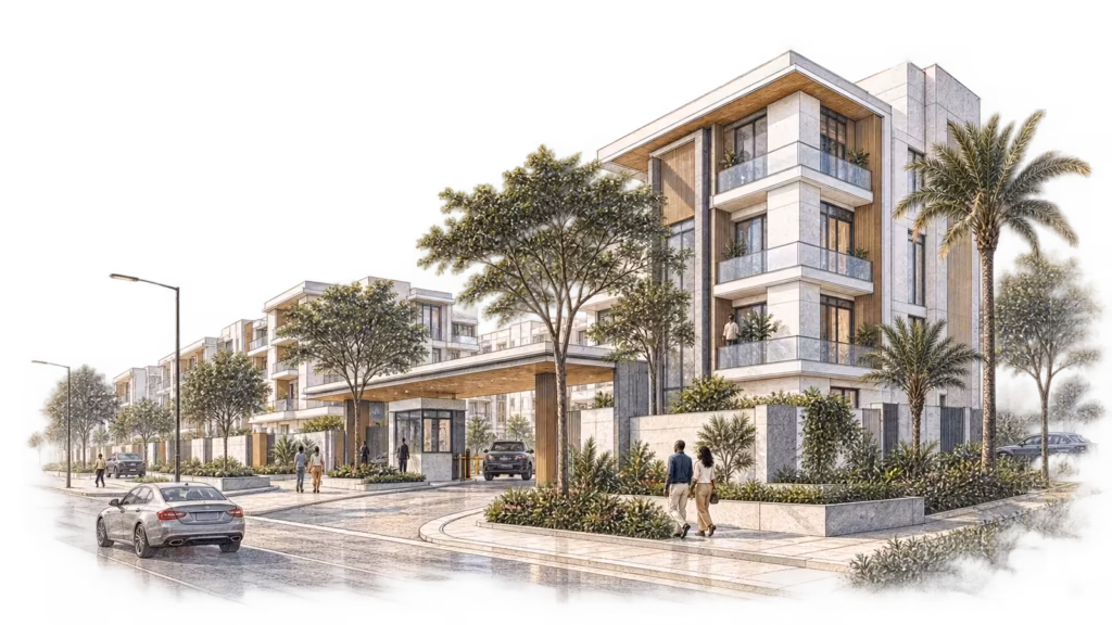 Architectural sketch of a completed development with landscaping and community spaces representing lasting places and relationships
