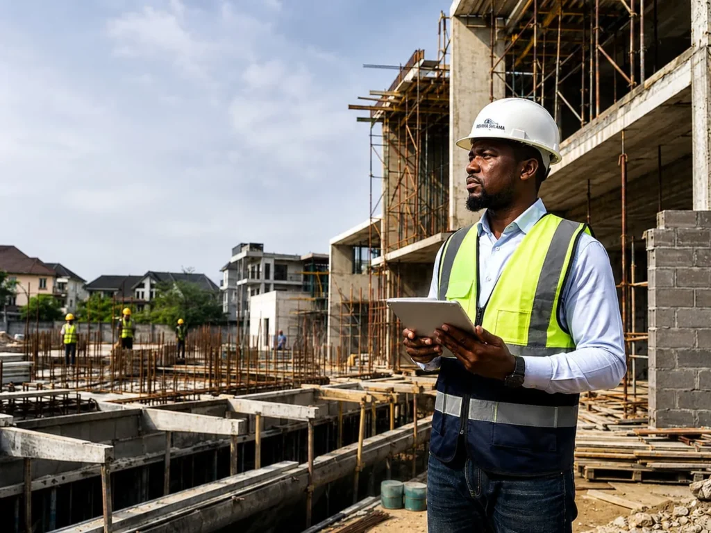 Engineer inspecting construction quality at a real estate development