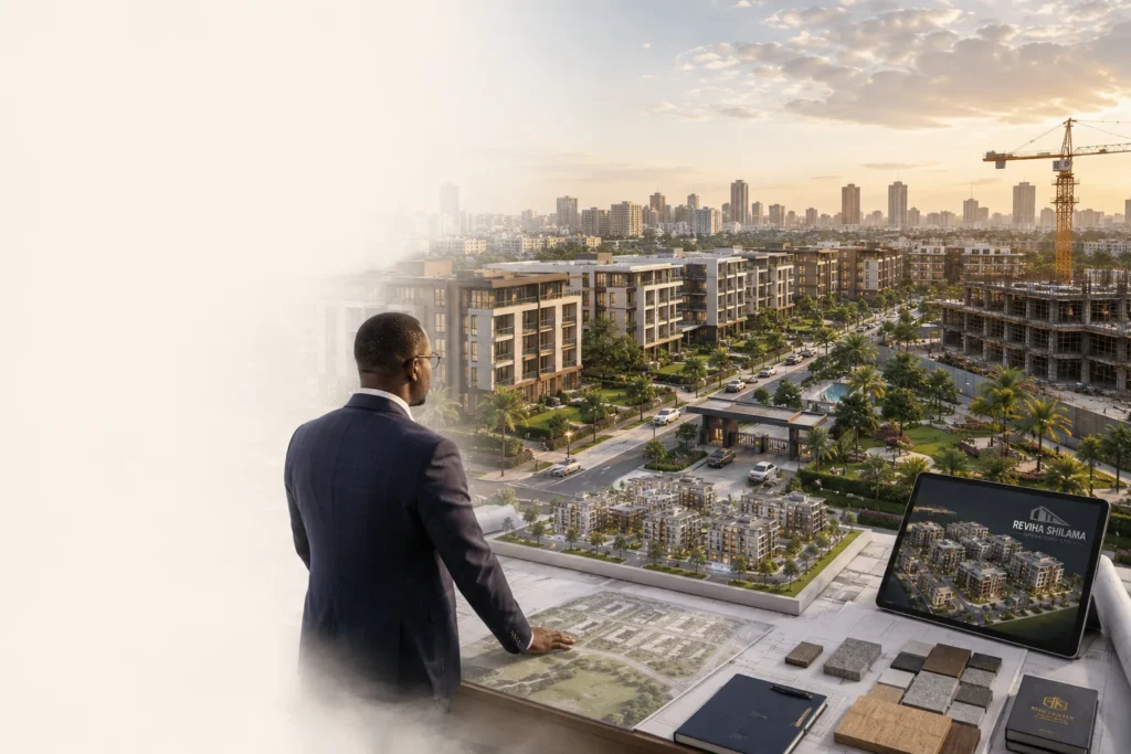 Nigerian real estate developer reviewing a master plan for a contemporary residential development in Lagos, Nigeria.